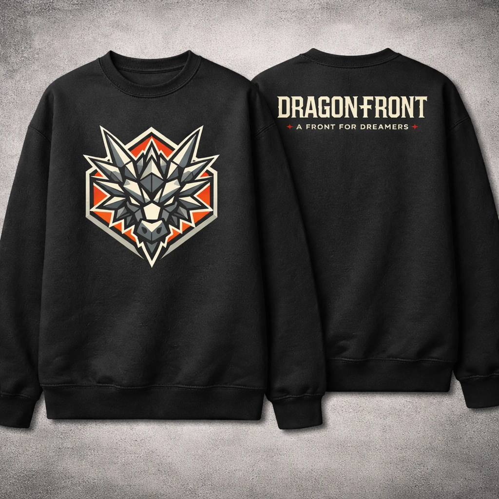 Existing Dragon Front crewneck concept: dragon crest on the front and Dragon Front wordmark on the back